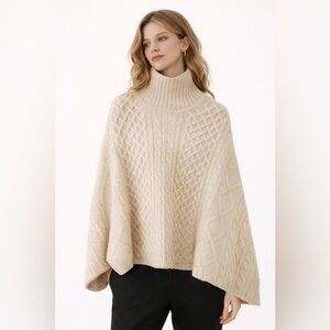 Chunky Cable Knit Turtleneck Cape Sweater Cream XS Cozy Oversized Poncho
